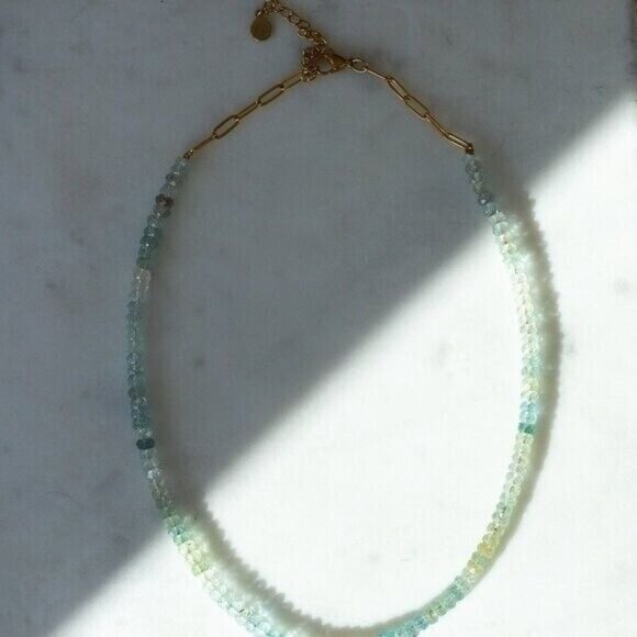 Ombre Aquamarine Beaded Necklace Genuine Gemstone Waterproof Gold Adjustable - Picture 5 of 12